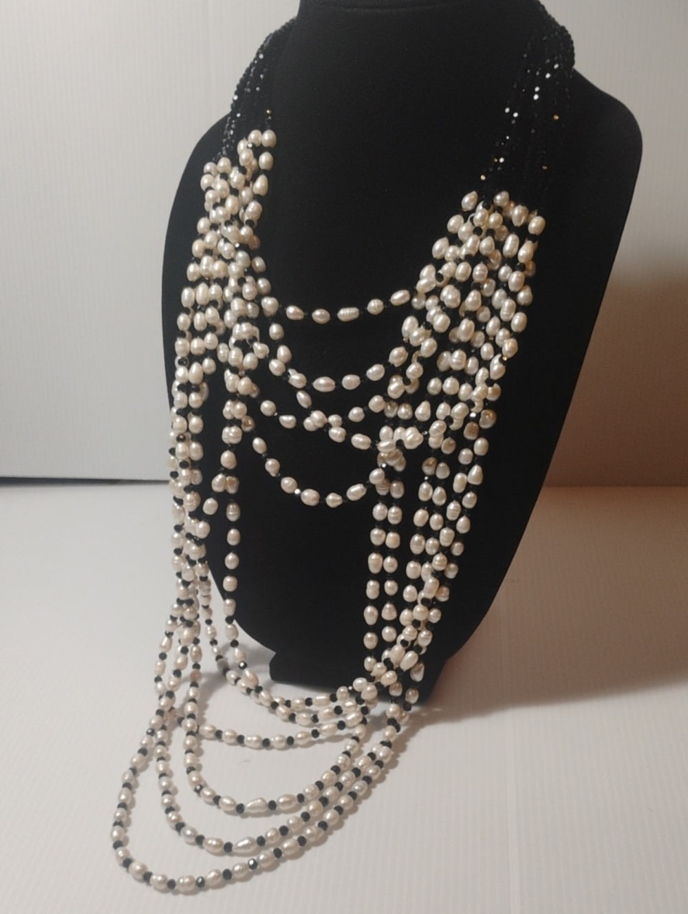 Vintage Rice Pearls And Black Crystal Statement Necklace Approx 40"+
